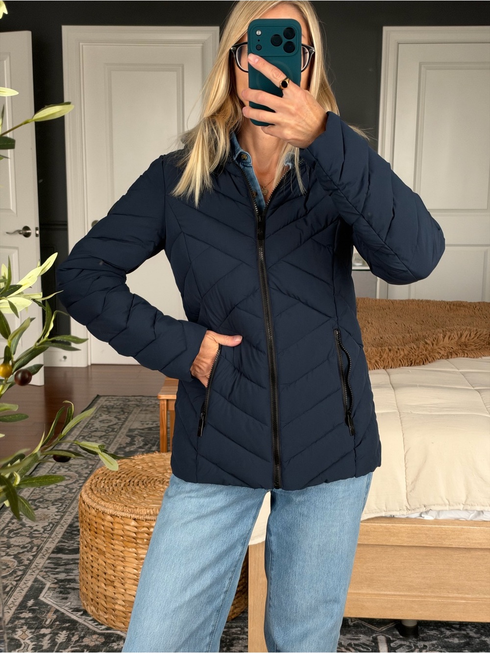 NAUTICA Women's Navy Quilted Puffer Jacket Detachable Hood XS